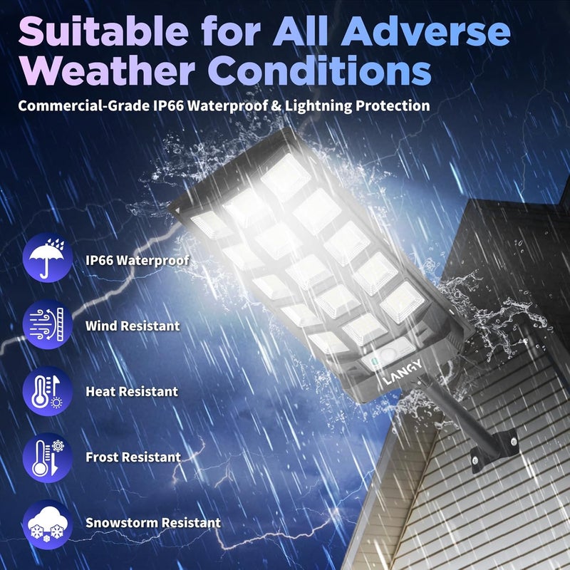 LANGY Solar Street Lights Outdoor Waterproof 4pcs, 6500K 60000LM Wide Angle Solar Powered Flood Lights with Motion Sensor & Remote Control, Dusk to Dawn Commercial Solar Outdoor Lights for Parking - Image 3
